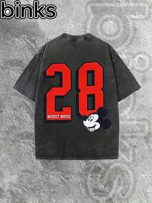 Disney  Mickey Mouse 28 Element Cartoon Print Retro Distressed Washed Short Sleeved T-Shirt, High Street  Brand Loose Short Sleeved T-Shirt. Spring And Summer Fashionable Versatile Top, Holiday Gift, Vintage Print. - Black - View 3