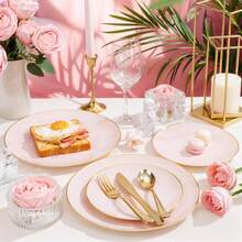1pc Pink Single Gold Rim Dinnerware, Food Tray, Fruit Salad Plate, Dinner Plate, Reusable Washable Salad Tableware, Suitable For Wedding Decor, Christmas Decor, Birthday Party, Family Gathering, Outdoor Team Building, School, Restaurant And Kitchen Party Supplies, Household & School Seasonal Gift - Pink - View 2