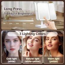 1pc Tri-Fold LED Makeup Mirror, Rotatable Desktop Mirror, 3x/2x/1x Magnification, Touch Screen Brightness Control, With Stand And 3 Lighting Modes, Suitable For Home And Travel Use, Ideal Holiday Gift Choice - Multicolor - View 4