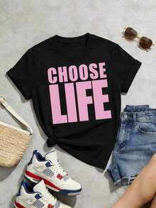 Camiseta de manga corta con cuello redondo suave y casual de verano para mujer, con lemas de energía positiva, CHOOSE LIFE, subcultura, espíritu de bienestar público, ropa de calle minimalista, tops para mujer, Generación Z, tops, curvas, tops de mujer, tops de verano, conjuntos de primavera, estilo urbano americano, ropa deportiva, estilo unisex, estilo casual urbano, ropa de calle retro, top negro, tops blancos. Negro - Negro - Ver 3