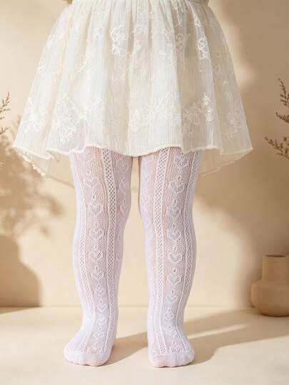 1pc Spring/Summer Hollow Heart Pattern White Tights For Toddler/Kids/Girls, Cute & Fashionable, Delicate & Breathable Thin Socks, Sweet & Casual Comfortable Durable Dance Socks, Suitable For Dancing Practice, Birthday Gift, School Life, Back To School