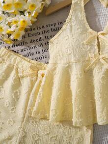 Left Mama Girls Cute Bow Halter Top And Shorts Set, Suitable For Beach Vacation In Summer - Yellow - View 5