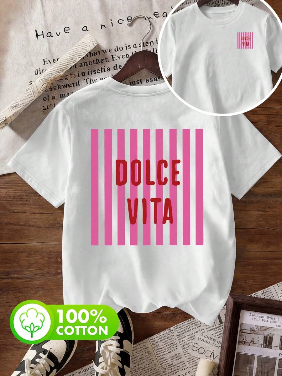大码女式街头风 100% 纯棉 Dolce Vita 字母印花和粉色条纹图案圆领短袖休闲夏季女式白色上衣 T 恤 - 白色 - 查看 1