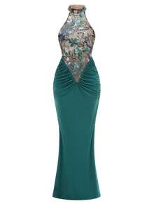 ELYRADIA Elegant Long Green Party Dress, Halter Neck Embroidered Spliced Ruched Slim Fit Wedding Guest Gown, Luxury Wedding Evening Dres - Green - View 8