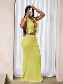 Conjunto de top halter metálico calado y minifalda para mujer - Amarillo - Ver 4