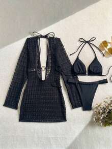 Vestido de playa crochet marrón para mujer, diseño de manga larga con escote en V y detalle de anillo, ideal para cubrir bikini en la playa, piscina y vacaciones de verano - Negro - Ver 3