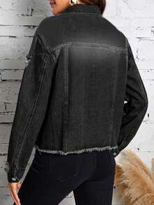 Women's Casual Short Denim Jacket, Faded Black Wash, Long Sleeves, Button Front Closure, Pockets And Frayed Hem Detail, Perfect For An Autumn Grunge Look. - 黑色 - 查看 4