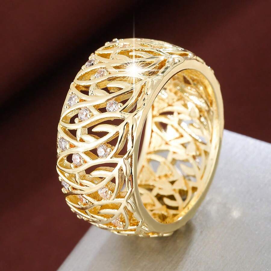 1pc Nature Inspired Tree Leaf Shaped Cubic Zirconia Inlaid Wide Band Ring For Women - Multicolor - View 1