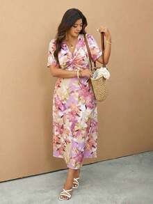 Elaquor Vestido casual de vacaciones de talla grande con cuello en V y cintura ceñida - Púrpura malva - Ver 4