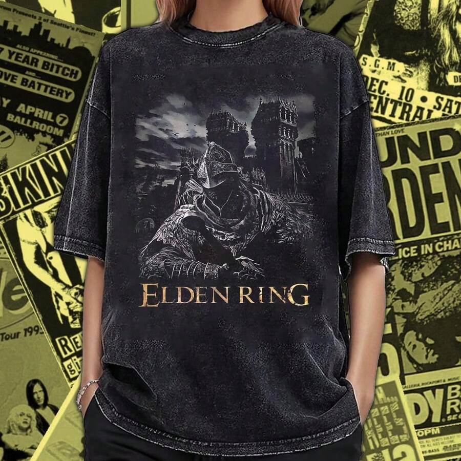 Vintage Washed Elden Ring T-Shirt: FromSoftware Gaming Tee - Black - View 1