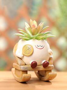 Smiling Face Planter Pot With Cute Rocking Chair Design And Drainage Holes. This Fun Little Planter Is Perfect For Indoor Succulent Planting And Makes A Unique Gift For Plant Lovers. - Multicolor - View 4