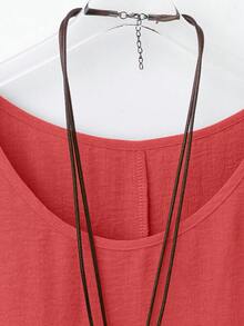 Camisa de mujer de estilo occidental casual de unicolor con cuello redondo, manga larga y puño acampanado, de tela de poliéster suave y ligera, adecuada para uso diario y ropa de estar en primavera/verano - Rojo sandía - Ver 3