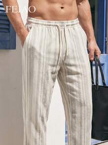Feio Men's Vintage Striped Linen-Feel Straight Leg Pants, Suitable For All Seasons. Perfect For Casual, Work And Vacation - smoke gray - View 8