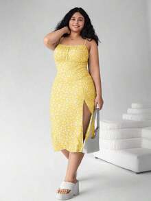 Solflare Vestido casual con tirantes de espagueti y estampado todo sobre, bajo con abertura para mujer talla grande, ropa de playa, estilo bohemio, ropa de primavera, vestido de fiesta de vacaciones, vestido hawaiano para mujer, vestido casual para mujer - Amarillo - Ver 3