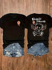Double-Sided Letter Print T-Shirt, Casual, Round Neck, Short Sleeves, Spring-Summer Casual Fashion, Women's Top. - Black - View 6