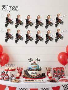 7/14/21pc Custom Photo Motorcycle Rider Banner, Personalized Motorcycle Face Garland, Custom Motocross Themed Birthday Party Bunting, Racing/Biker Baby Shower Decor, Unique Custom Photo Motorbike Banner, Red Black Racing Party Decoration For Kids - Multicolor - View 10