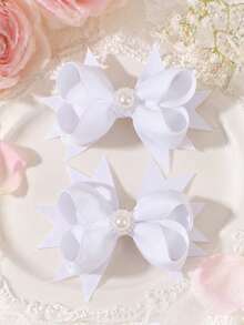 2pcs Solid-Color Bow Hair Clips For Girls: White With Faux Pearl Accents. Perfect For Everyday Casual Wear, Birthday Parties, Preppy Styles, Back-To-School Day, And The Back-To-School Season - White - View 1