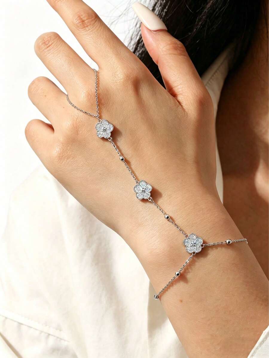 1 chiếc vòng tay hình hoa năm cánh đính đá Zirconia sang trọng, thời trang, thích hợp cho phụ nữ dự tiệc, đi nghỉ mát, hẹn hò, đeo hàng ngày, làm quà tặng ngày lễ. - Nhiều màu - Xem 1