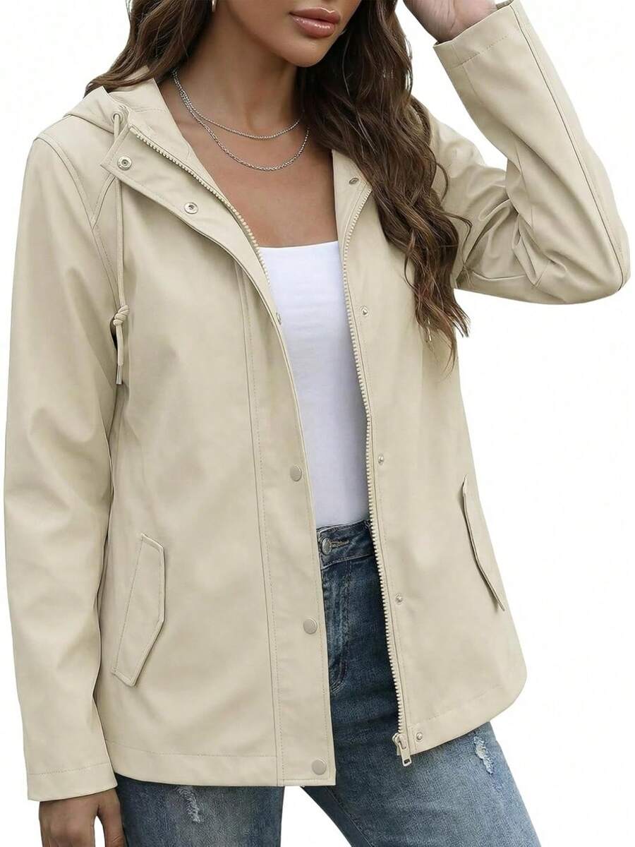 Rain Jacket Women Waterproof Lightweight Rain Coats Hiking Travel Windbreaker Raincoats With Adjustable Hood - 米色 - 查看 1