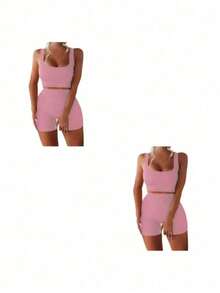 Workout Sets For Women 2 Piece Seamless Ribbed Crop Tank High Waist Shorts Yoga Outfits - 粉色 - 查看 3