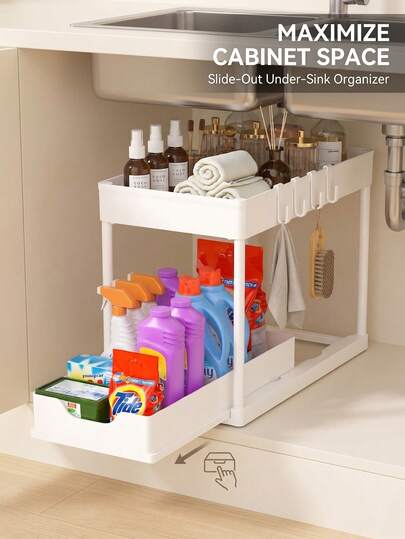 Estantería deslizante de 2 niveles para baño y cocina con 5 ganchos, organizador multifuncional para fregadero, diseño extensible a prueba de humedad, material de PP grueso, fácil instalación y limpieza