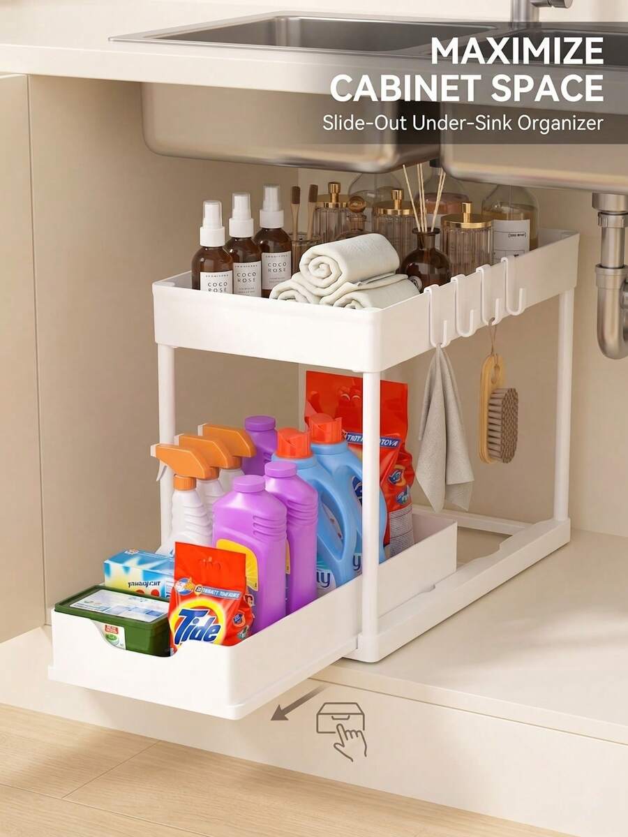 2-Tier Sliding Bathroom Kitchen Storage Rack With 5 Hooks, Multifunctional Sink Organizer Shelf, Extendable Moisture-Proof Design, Thick PP Material, Easy Installation And Cleaning