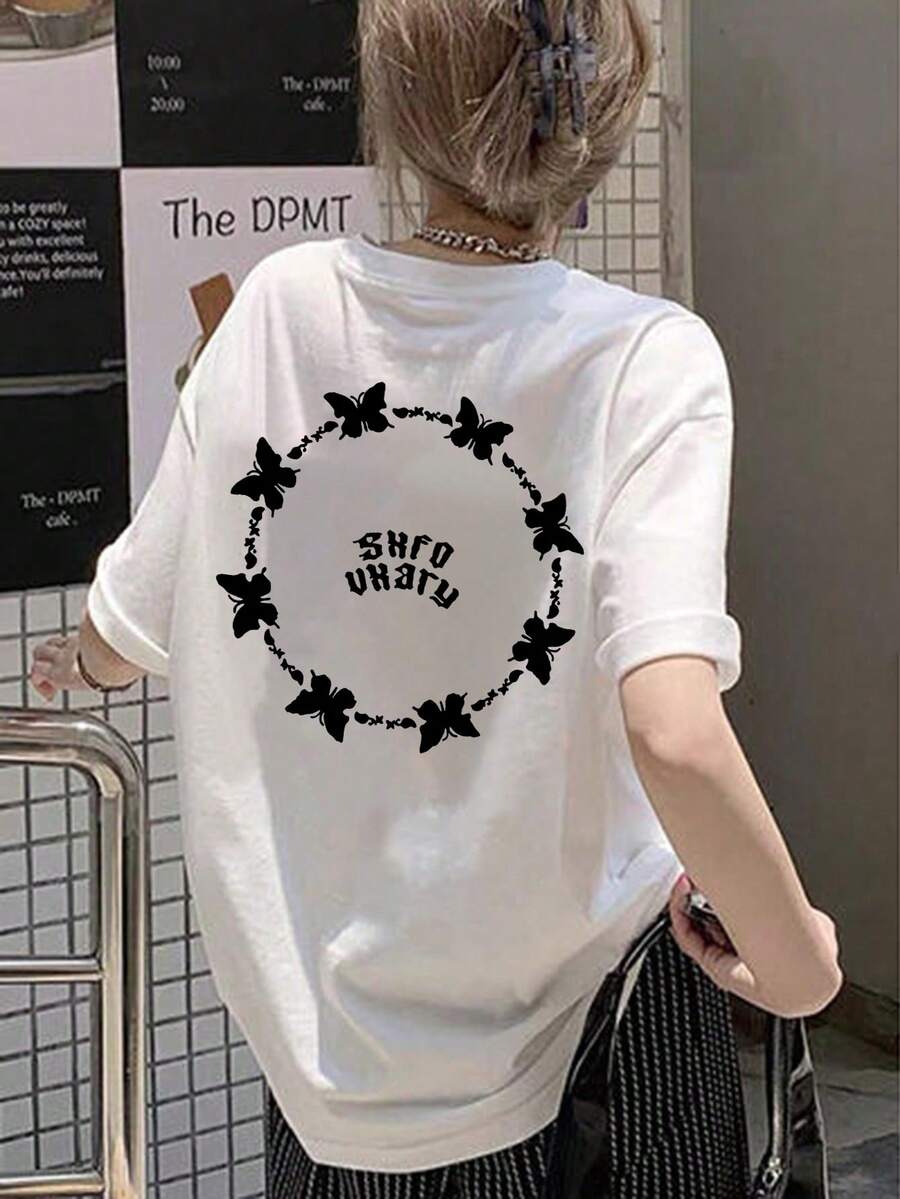 Camiseta casual de verano para mujer de cuello redondo, manga corta, estampado de letras y mariposas, de corte holgado - Blanco - Ver 1
