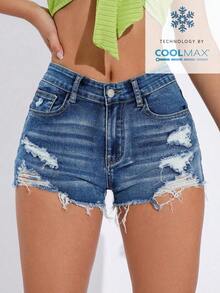 Pantalones cortos de mezclilla para mujer con bolsillos y bajo deshilachado - Azul lavado oscuro 2 - Ver 1