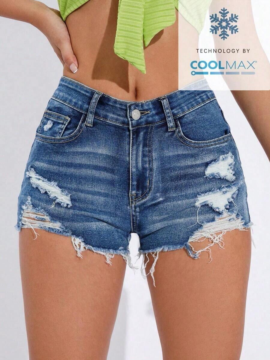 Pantalones cortos de mezclilla para mujer con bolsillos y bajo deshilachado - Azul lavado oscuro 2 - Ver 1