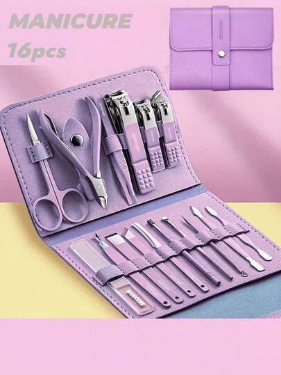 16件套不锈钢美甲护理套装，美甲修脚工具，适用于家庭、办公室、户外，可作为礼物赠送，也可用于美甲沙龙。