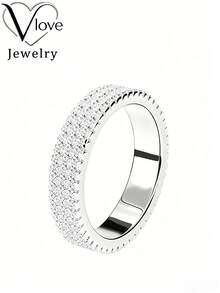 1 pieza Anillo de plata de ley 925 con circonita sintética, anillo de banda de eternidad, anillos apilables de lujo para mujer, talla 6-10, adecuado para uso diario, boda, aniversario, regalo de joyería de nicho elegante para mamá, viene con caja de regalo. - Plateado - Ver 2