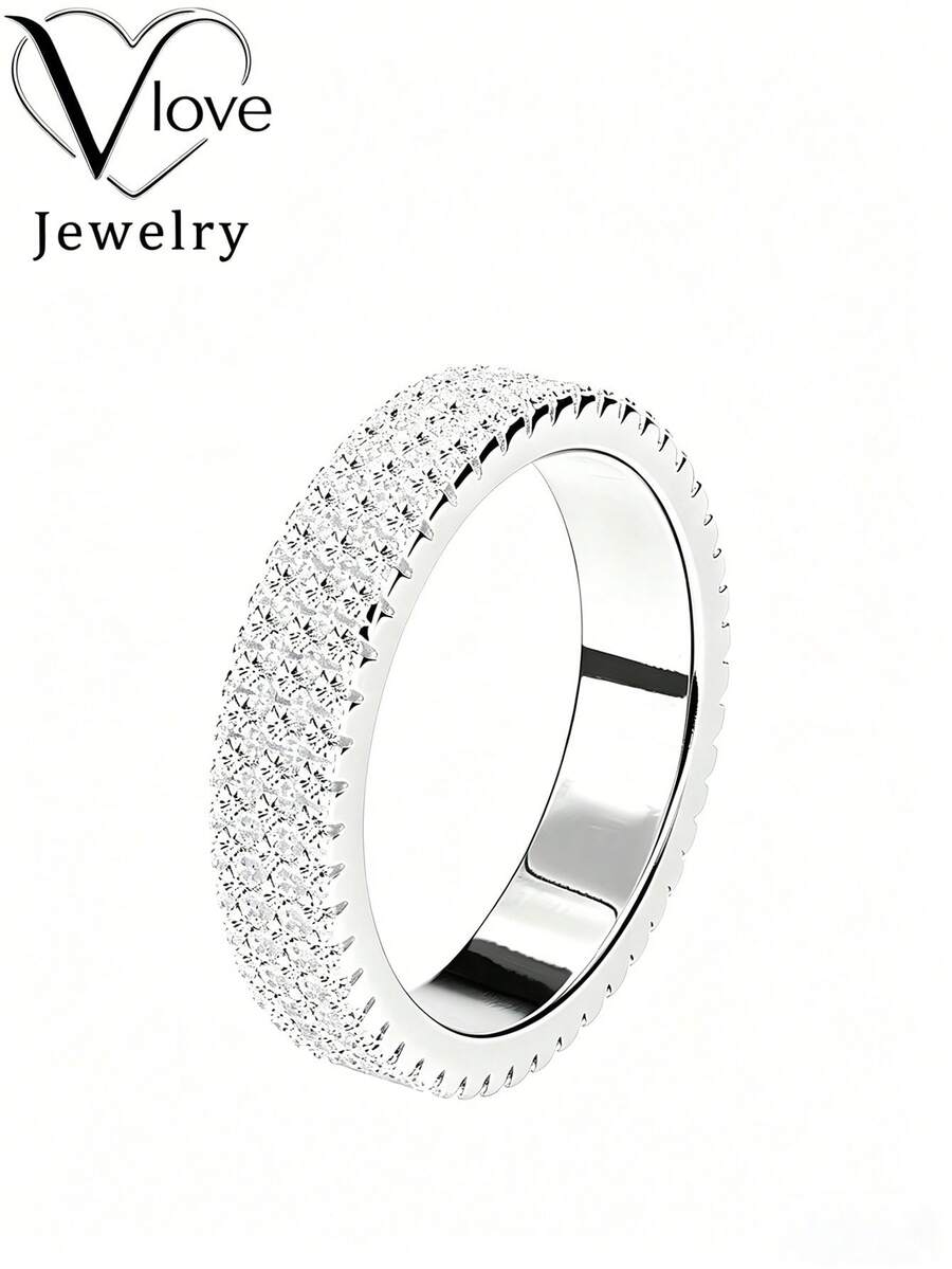 1 pieza Anillo de plata de ley 925 con circonita sintética, anillo de banda de eternidad, anillos apilables de lujo para mujer, talla 6-10, adecuado para uso diario, boda, aniversario, regalo de joyería de nicho elegante para mamá, viene con caja de regalo.