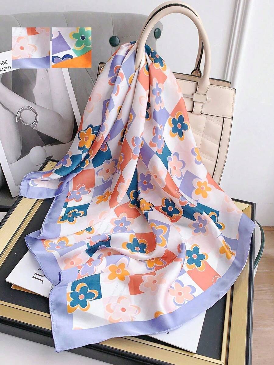 1条70*70厘米方形真丝围巾,女士缎面印花头巾,可作领巾、发带、时尚女士披肩、围巾、配饰、节日配饰 - S41203-紫色 - 查看 1