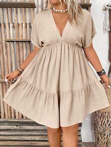 Vestido casual de unicolor con cuello en V profundo y mangas tipo murciélago para mujer de talla grande - Albaricoque 2 - Ver 3