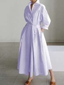2025 Spring/Summer New Solid Color V-Neck Belted Flared Dress, Commuting Fashion Elegant - Mauve Purple - View 1