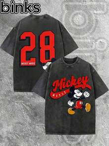 Disney  Mickey Mouse 28 Element Cartoon Print Retro Distressed Washed Short Sleeved T-Shirt, High Street  Brand Loose Short Sleeved T-Shirt. Spring And Summer Fashionable Versatile Top, Holiday Gift, Vintage Print. - Black - View 1