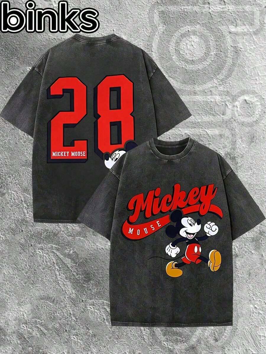 Disney  Mickey Mouse 28 Element Cartoon Print Retro Distressed Washed Short Sleeved T-Shirt, High Street  Brand Loose Short Sleeved T-Shirt. Spring And Summer Fashionable Versatile Top, Holiday Gift, Vintage Print. - Black - View 1