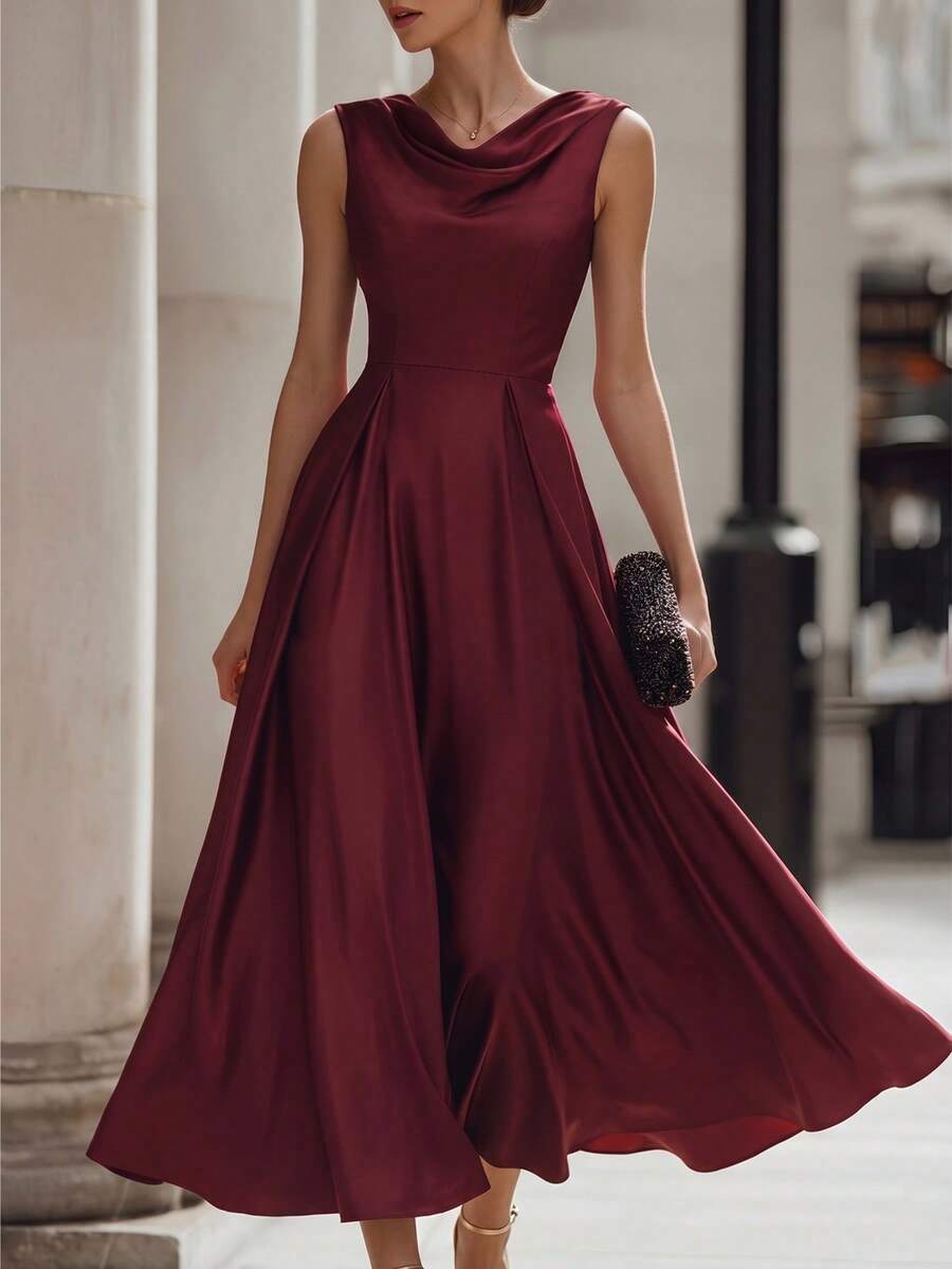Vestido de mujer de satén burdeos, elegante y de moda, vestido de fiesta sin mangas con cuello de volantes para el verano - Burdeos - Ver 1