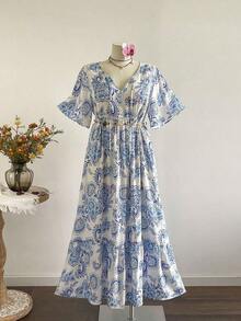 Women Plus Size Floral V-Neck Loose Dress Beach Holiday Summer Party Wedding Season Music Festival Vacation Elegant - 藍色2 - 查看 3