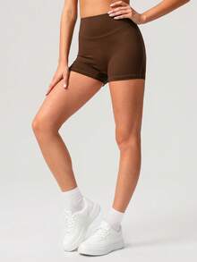 Quần short nữ không đường may, nhẹ, nâng mông, màu trơn, thích hợp cho yoga, chạy bộ và thể thao, size châu Âu. - Cà phê nâu - Xem 6
