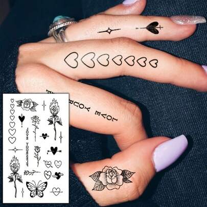 3/2/1 Pcs Finger Temporary Tattoo Stickers, Waterproof Rose Flower, Flame, Thorn, Heart, Arrow, Butterfly, Cute Text Designs, Body Art For Arm, Neck, Wrist, Unisex