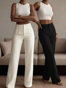 Women's 2pcs Wide Leg Pants Set, Black & White Solid Color Loose Trousers, Effortless Style - Black and White - View 3