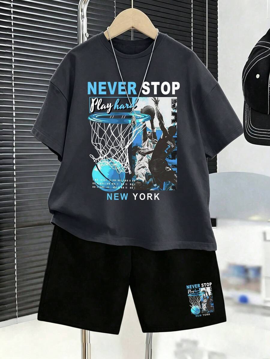 Tenue de sport graphique de basket-ball de New York pour les adolescents garçons, comprenant un t-shirt col rond + short, ensemble d'été confortable - Multicolore - Voir 1