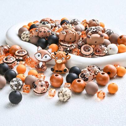 20/24pcs Brown Tone Fox/Calf/Sheep/Bear Animal Silicone Beads Set, DIY Jewelry Making Bracelet Necklace Phone Charm & Bag Decor Craft Supplies
