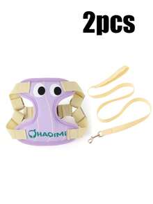 2pcs New Cute Big Eye Small Cat/Dog Harness Leash, Adjustable Anti-Escape For Small Pets Daily Walking Outdoor Use - Purple - View 2