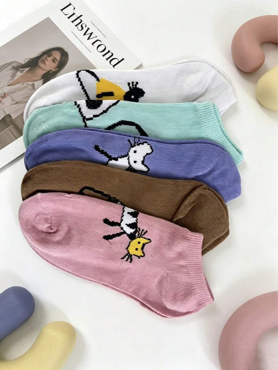 5 pares de calcetines invisibles con diseño creativo de gato, calcetines tipo barco de corte bajo, calcetines de uso diario versátiles de moda y multicolor