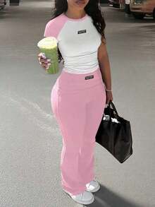 2pcs/Set Women Casual Contrast Color Sports Pants + Tight Leggings, Everyday Wear From Spring To Summer Pink - Đen + Xanh - Xem 1