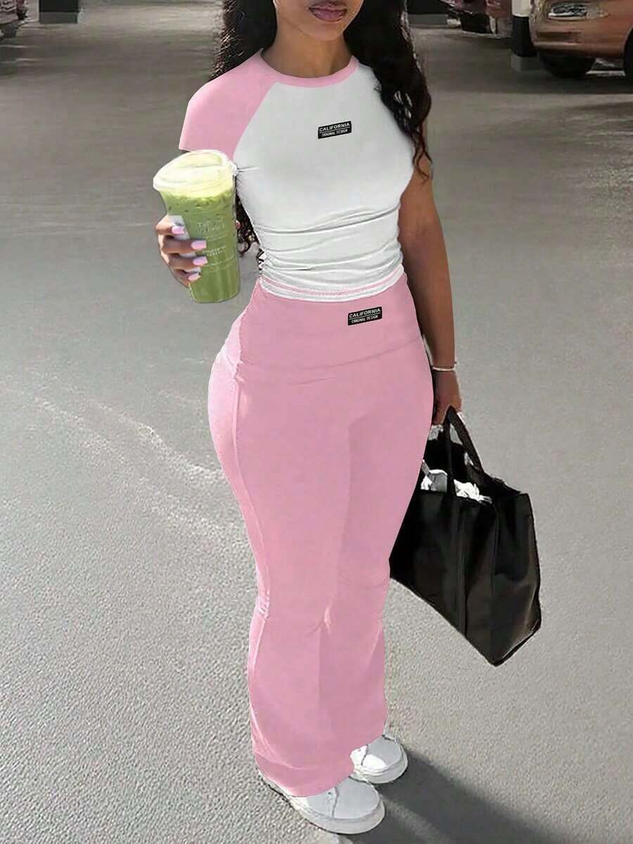 2pcs/Set Women Casual Contrast Color Sports Pants + Tight Leggings, Everyday Wear From Spring To Summer Pink - Đen + Xanh - Xem 1