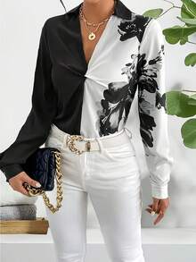 Women's Floral Print Front Twist Satin Blouse Black - Black - View 5