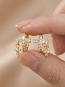 1 Pair Delicate Mini Gold-Tone Zirconia Inlaid Cross Hoop Earrings With Tiny Cross Pendant, Suitable For Daily Wear - Gold - View 3